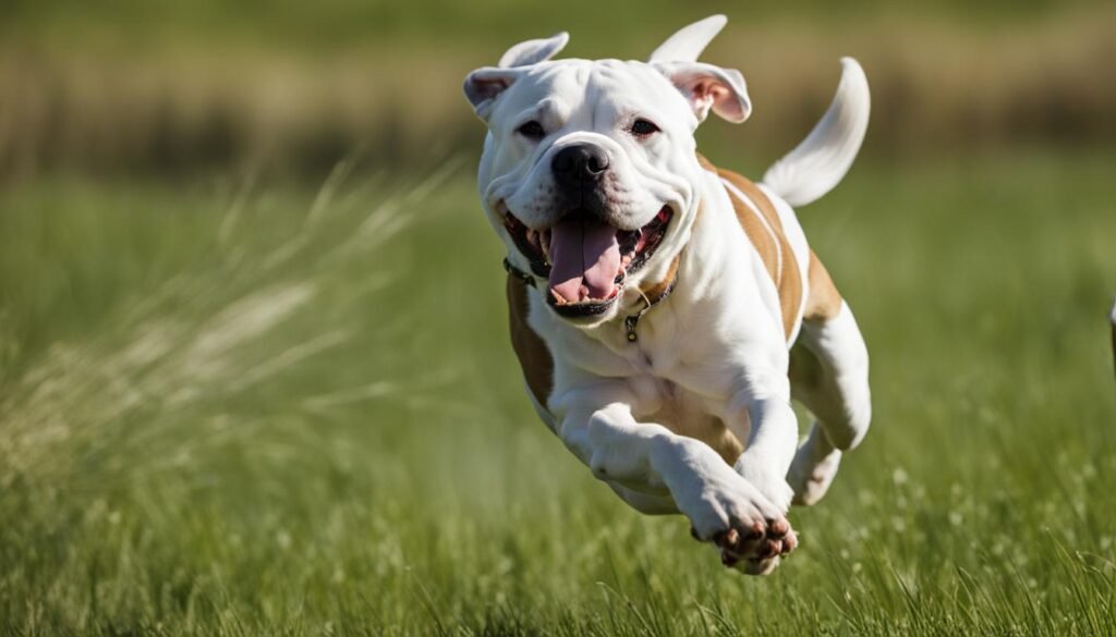 American Bulldog playing in a field